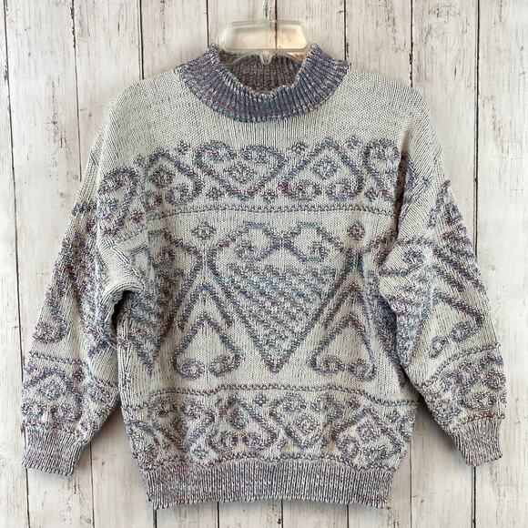 VTG Gray/Blue/Purple Printed Knit Long Sleeve Cropped Sweater Size XL Art - Picture 1 of 12